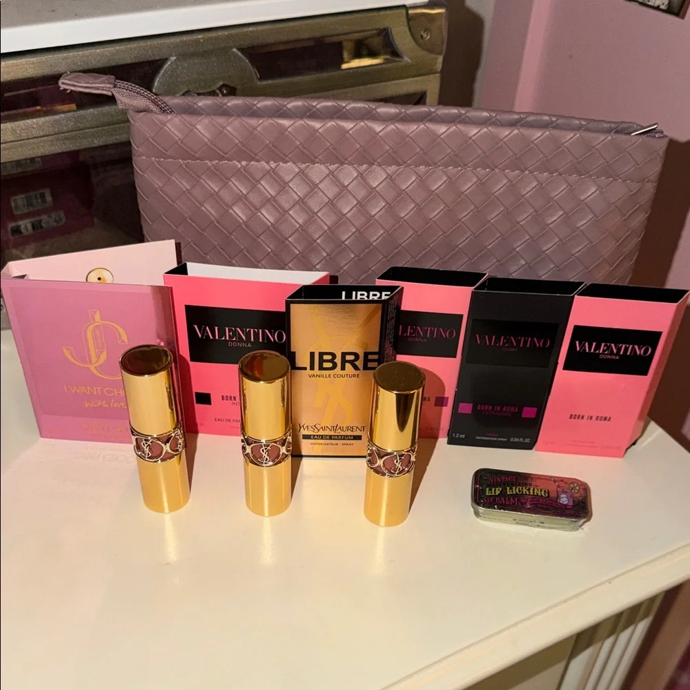 YSL, Valentino, Jimmy Choo Set with Woven Beauty Bag - Picture 1 of 5